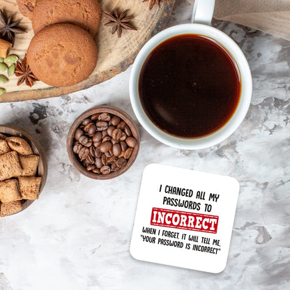 CS482 I Changed All My passwordsto Incorrect When i Forget,it Will Tell me, " Your Password is Incorrect" Novelty Funny Coffee Tea Drink Gift Glossy MDF Wooden Coaster