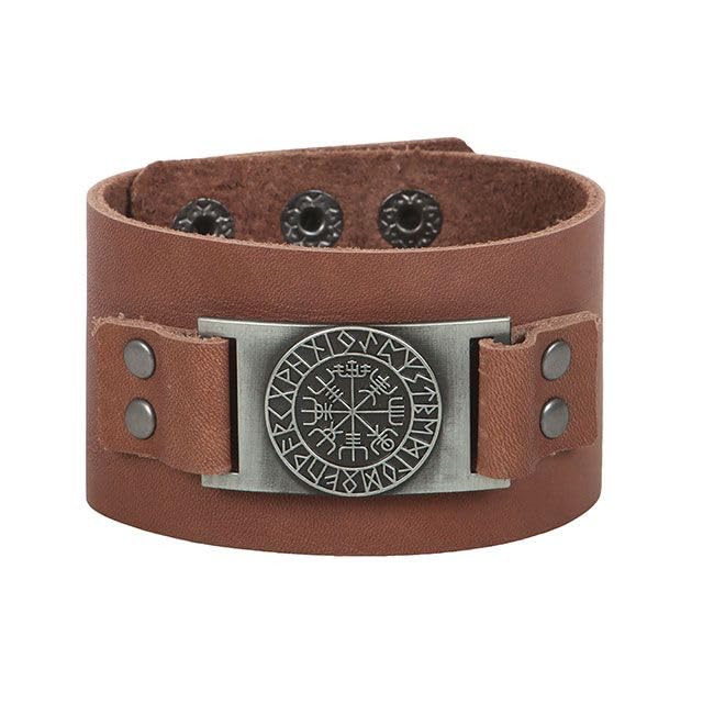Something Different Wholesale Viking Leather Cuff Bracelet | Genuine Leather with Vegvisir Compass | Norse Warrior Style Adjustable Bracelet