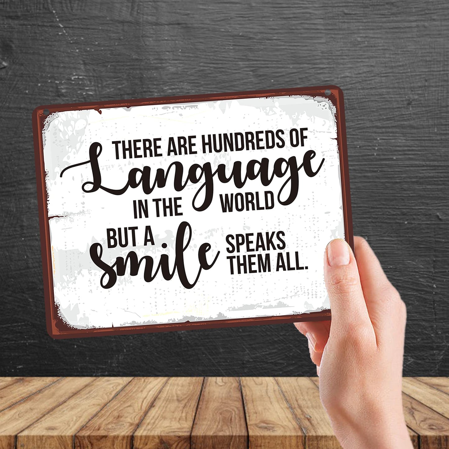 Kruzroyal MP184 There are hundreds of language in the world, but a smile speaks them all. Funny Novelty Retro Vintage Metal Wall Sign Plaque 20cm x 15cm