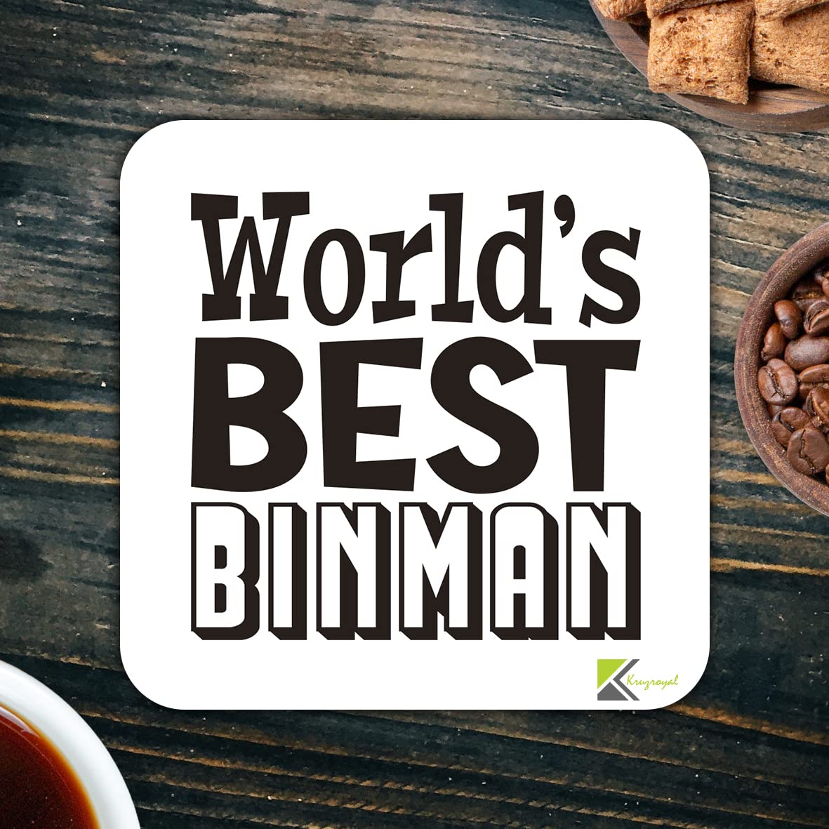 WB031 World's Best Binman MDF Wooden Coaster by Kruzroyal | Gift for Binman | Unique Novelty Present | 9cm x 9cm | Coffee Tea MDF Wooden Coaster