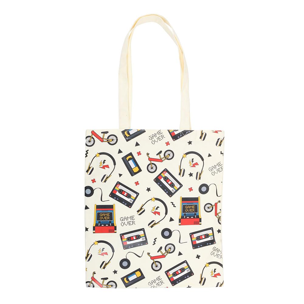 Something Different Wholesale Retro 80s Print Tote Bag | Polycotton Reusable Bag | Arcade & Cassette Print | Lightweight Shopping Bag | Nostalgic Gift | Hand Wash Only