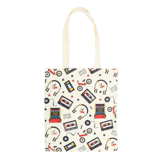 Something Different Wholesale Retro 80s Print Tote Bag | Polycotton Reusable Bag | Arcade & Cassette Print | Lightweight Shopping Bag | Nostalgic Gift | Hand Wash Only