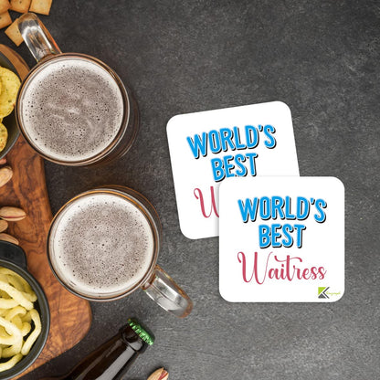WB041 World's Best Waitress MDF Wooden Coaster by Kruzroyal | Gift for Waitress | Unique Novelty Present | 9cm x 9cm | Coffee Tea MDF Wooden Coaster