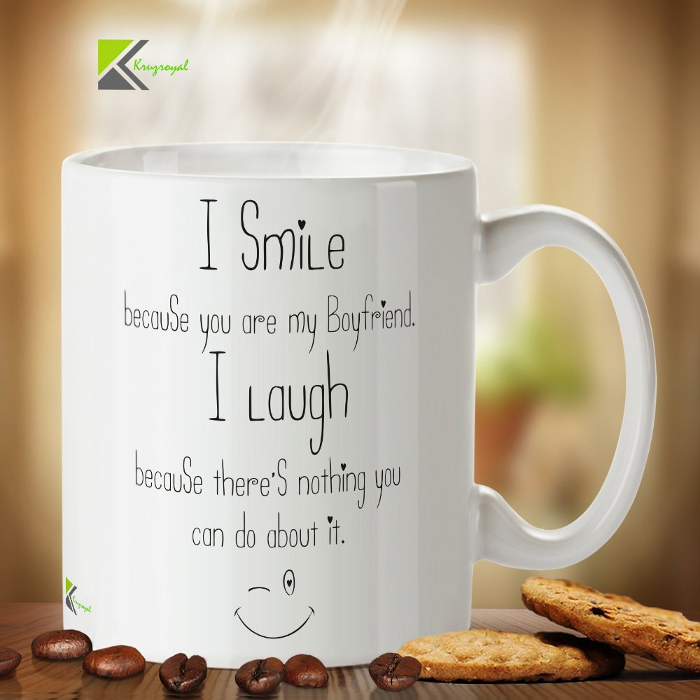Kruzroyal Funny Boyfriend Mug, I Smile Because You're My Boyfriend Design, Novelty Sarcastic Gift for Him, Anniversary or Birthday Present, White Ceramic, 11 oz