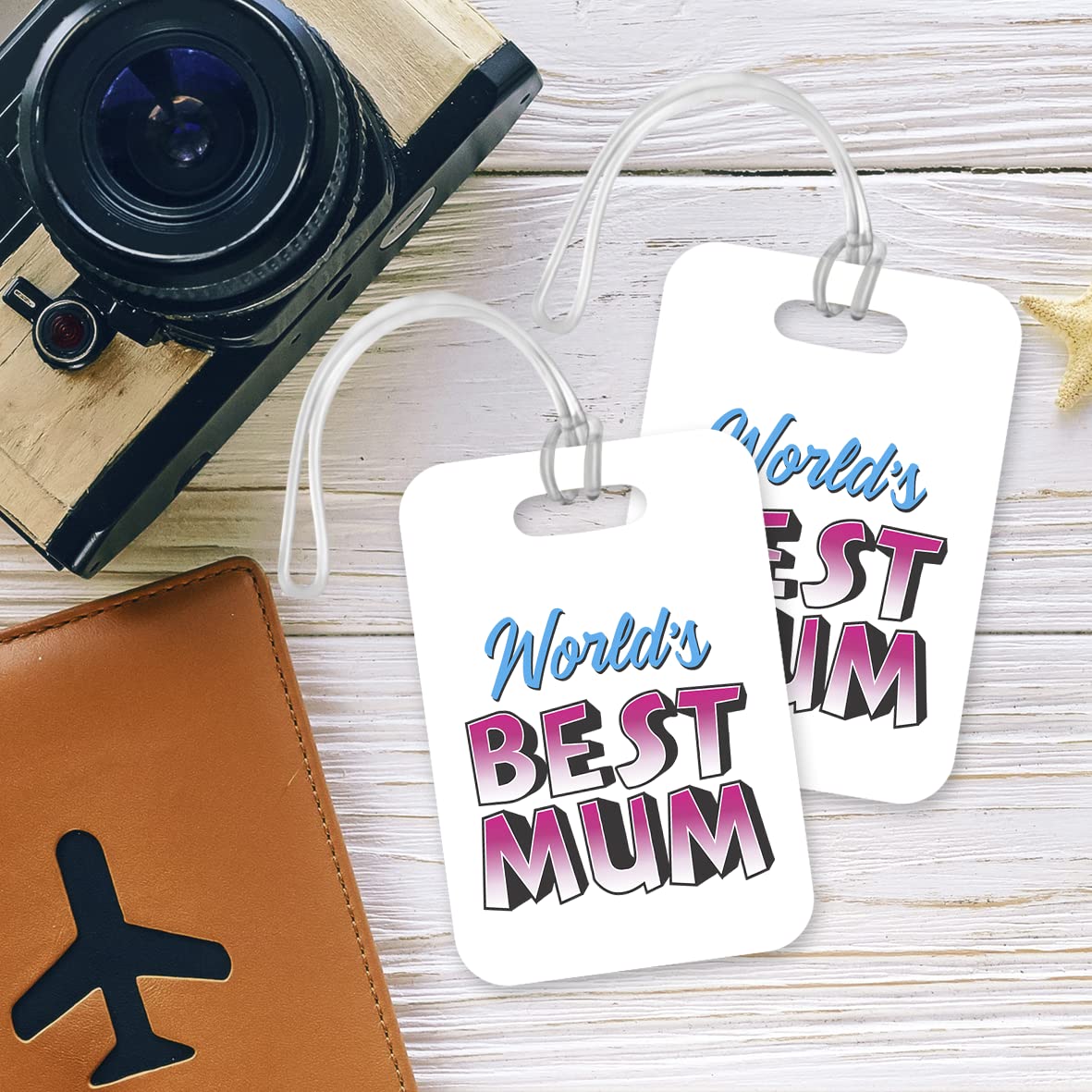LT414 World's Best Mum Novelty Funny Unique Designer Gift, Suitcase, Glossy Plastic Luggage Tag for Mum