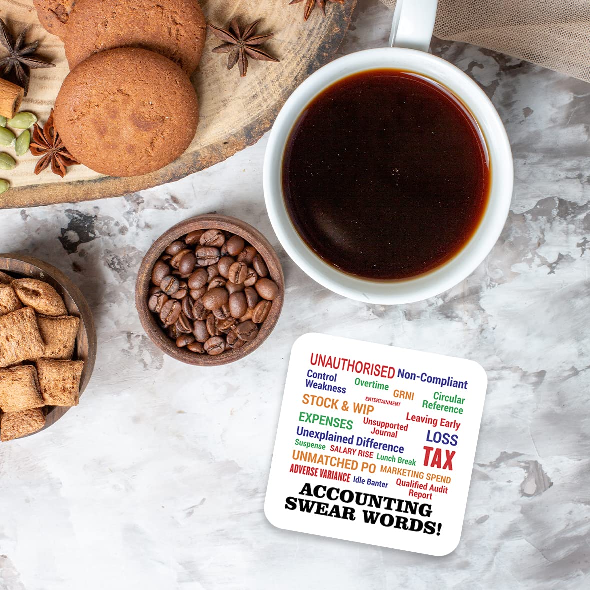 CS571 Accounting Swear Words! Novelty Funny Coffee Tea Drink Gift Glossy MDF Wooden Coaster | Gifts for Accountants, Bookkeepers, Finance Professionals