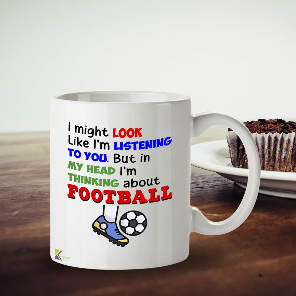Kruzroyal Football Mug Funny Gift for Men - 11oz/325ml Thinking About Football Ceramic Coffee Cup for Dad Brother Husband - Novelty Fan Present
