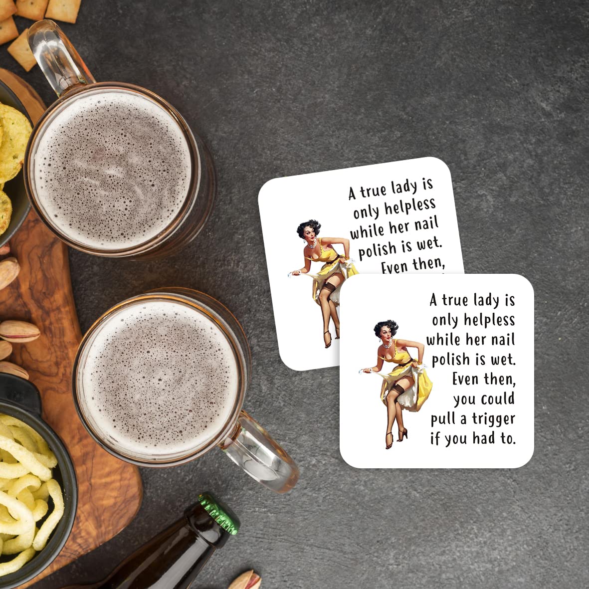 CS721 A True Lady is only Helpless While her Nail Polish is Wet, Even Then, You Could Pull a Trigger if You had to. Novelty Funny Coffee Tea Drink Gift Glossy MDF Wooden Coaster