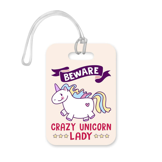 LT140 Beware Crazy Unicorn Lady Novelty Funny Unique Designer Gift Glossy Plastic Suitcase Luggage Tag