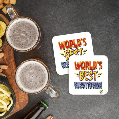 WB004 World's Best Electrician MDF Wooden Coaster by Kruzroyal | Gift for Electrician | Unique Novelty Present | 9cm x 9cm | Coffee Tea MDF Wooden Coaster