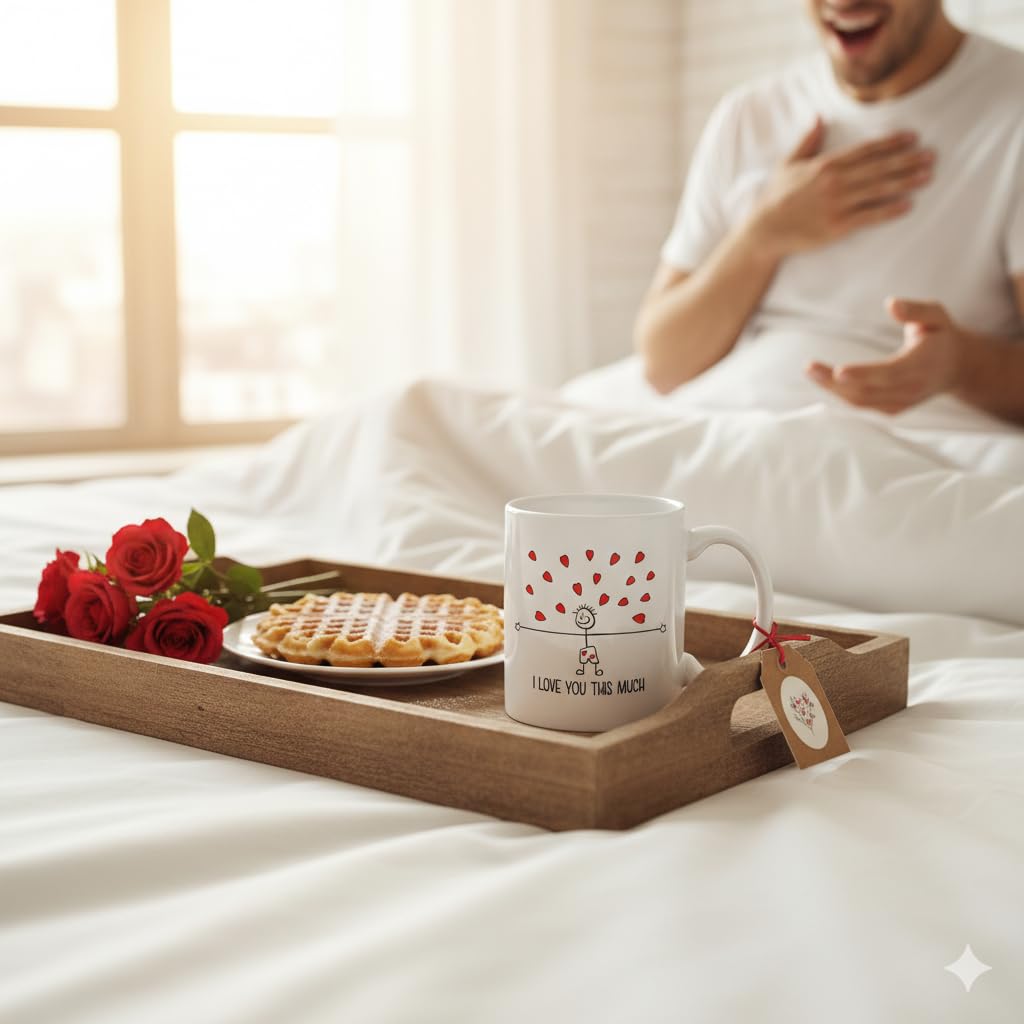 Love Mug I Love You This Much - Romantic 11oz Coffee Cup Gift for Girlfriend, Boyfriend, Wife or Husband – Cute Valentine’s Day or Anniversary Ceramic Mug