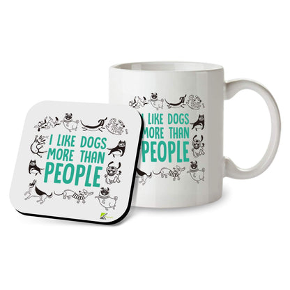 Kruzroyal SM077 I Like Dogs More Than People - 11OZ Mug & Matching Coaster Set - for Dog Dad, Dog Mum, Dog Parent, Dog Lover