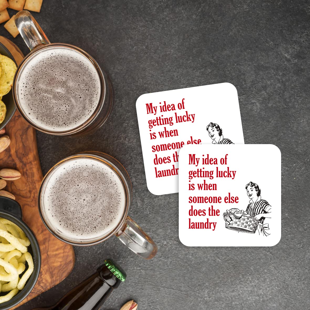CS584 My idea of getting lucky is when someone else does the laundry Novelty Funny Coffee Tea Drink Gift Glossy MDF Wooden Coaster