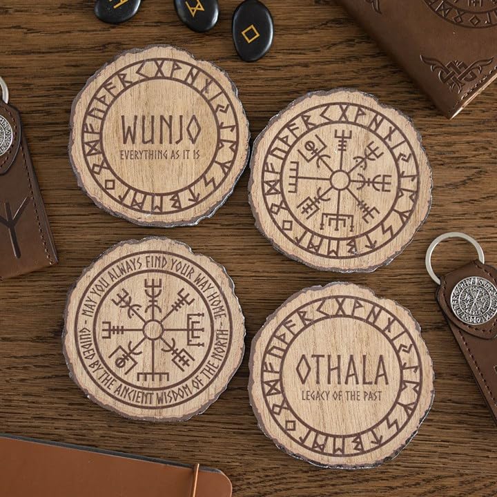 Something Different MDF Norse Mythology Wood Slice Coasters, Set of 4, Viking-Inspired Rune Symbols, 9.5 x 9.5 cm