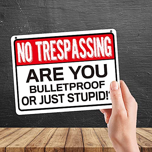 Kruzroyal MP351 NO TRESPASSING, Are you bulletproof or Just stupid!?. Funny Novelty Retro Vintage Metal Wall Sign Plaque 20cm x 15cm