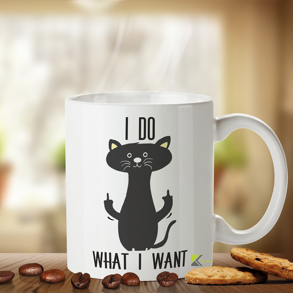 Kruzroyal I Do What I Want Mug, Middle Finger Cat Great Gift idea Office Tea Coffee Cup, Sarcastic Gift for Cat Lovers