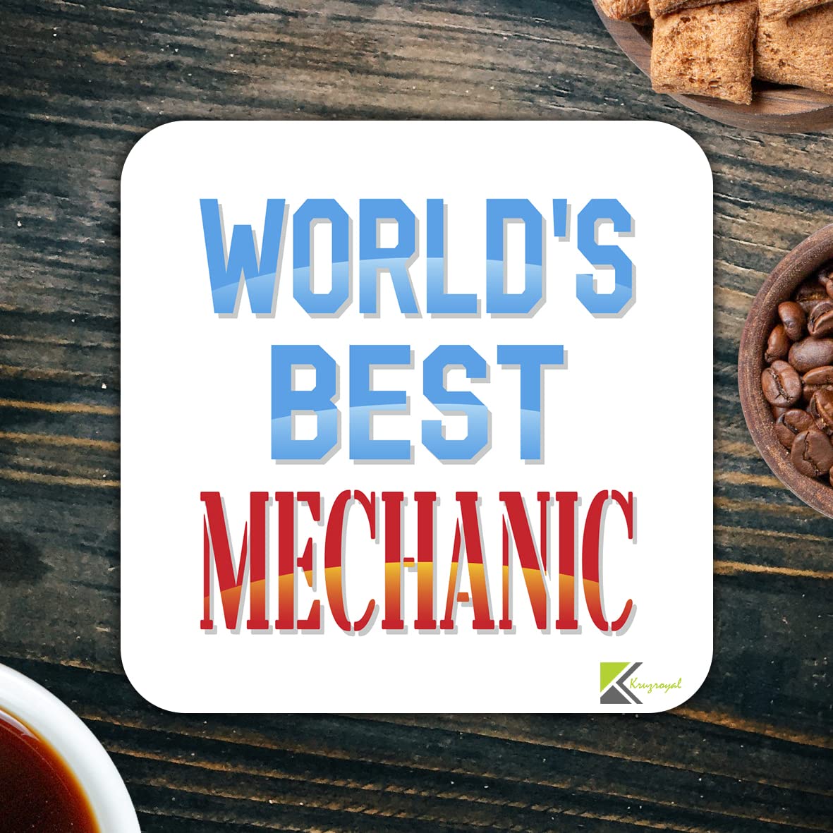 WB084 World's Best Mechanic MDF Wooden Coaster by Kruzroyal | Gift for Mechanic | Unique Novelty Present | 9cm x 9cm | Coffee Tea MDF Wooden Coaster
