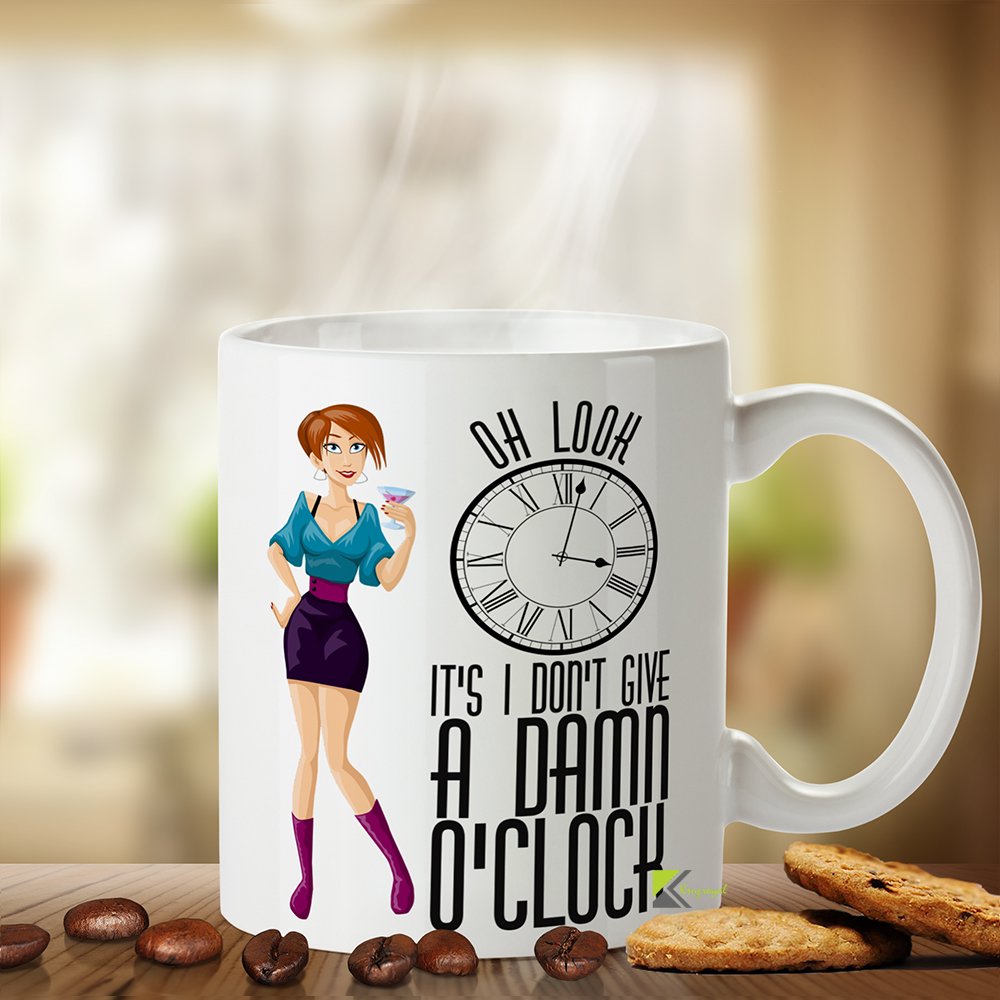 Kruzroyal Sassy Lady Mug, Oh Look It's I Don't Give a Damn O'clock Design, Funny Cocktail & Wine Lover Gift for Women, Best Friend or Mom, White Ceramic, 11 oz