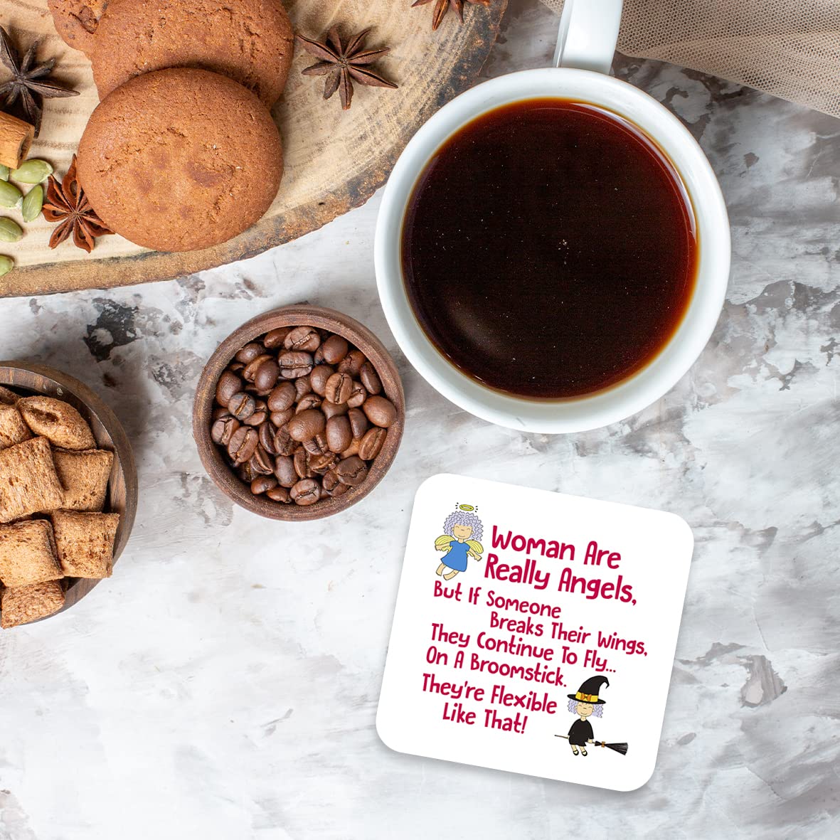 CS567 Woman are Really Angels, They Continue to Fly on a Broomstick, They're Flexible Like That! Novelty Funny Coffee Tea Drink Gift Glossy MDF Wooden Coaster for Women Her Friend Mum Colleague