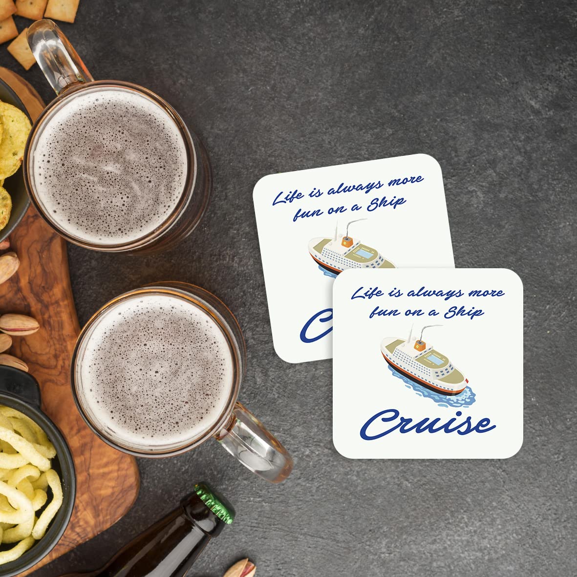 CS644 Life is always more fun on a Ship Cruise Novelty Funny Coffee Tea Drink Gift Glossy MDF Wooden Coaster | Gifts for Cruisers Men Women Traveller | Holiday & Retirement Present