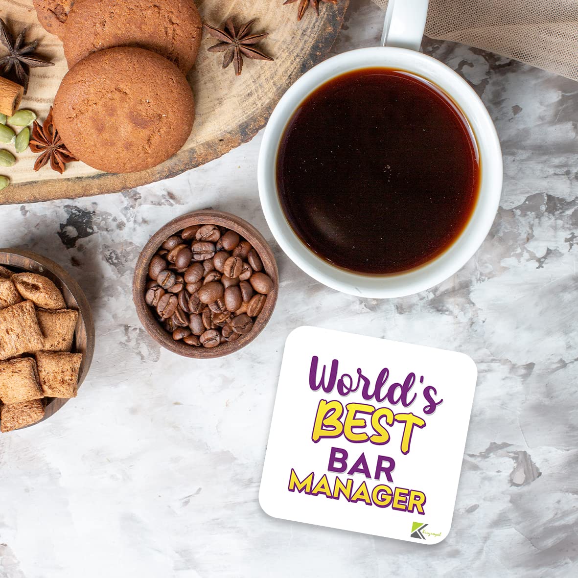WB095 World's Best Bar Manager MDF Wooden Coaster by Kruzroyal | Gift for Bar Manager| Unique Novelty Present | 9cm x 9cm | Coffee Tea MDF Wooden Coaster