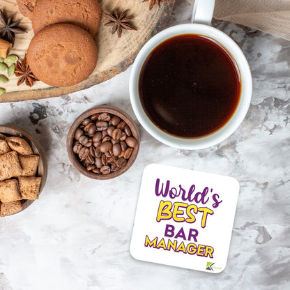 WB095 World's Best Bar Manager MDF Wooden Coaster by Kruzroyal | Gift for Bar Manager| Unique Novelty Present | 9cm x 9cm | Coffee Tea MDF Wooden Coaster