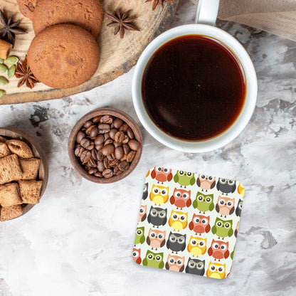 CS599 Colourful Owl Bird Night Novelty Funny Coffee Tea Drink Gift Glossy MDF Wooden Coaster