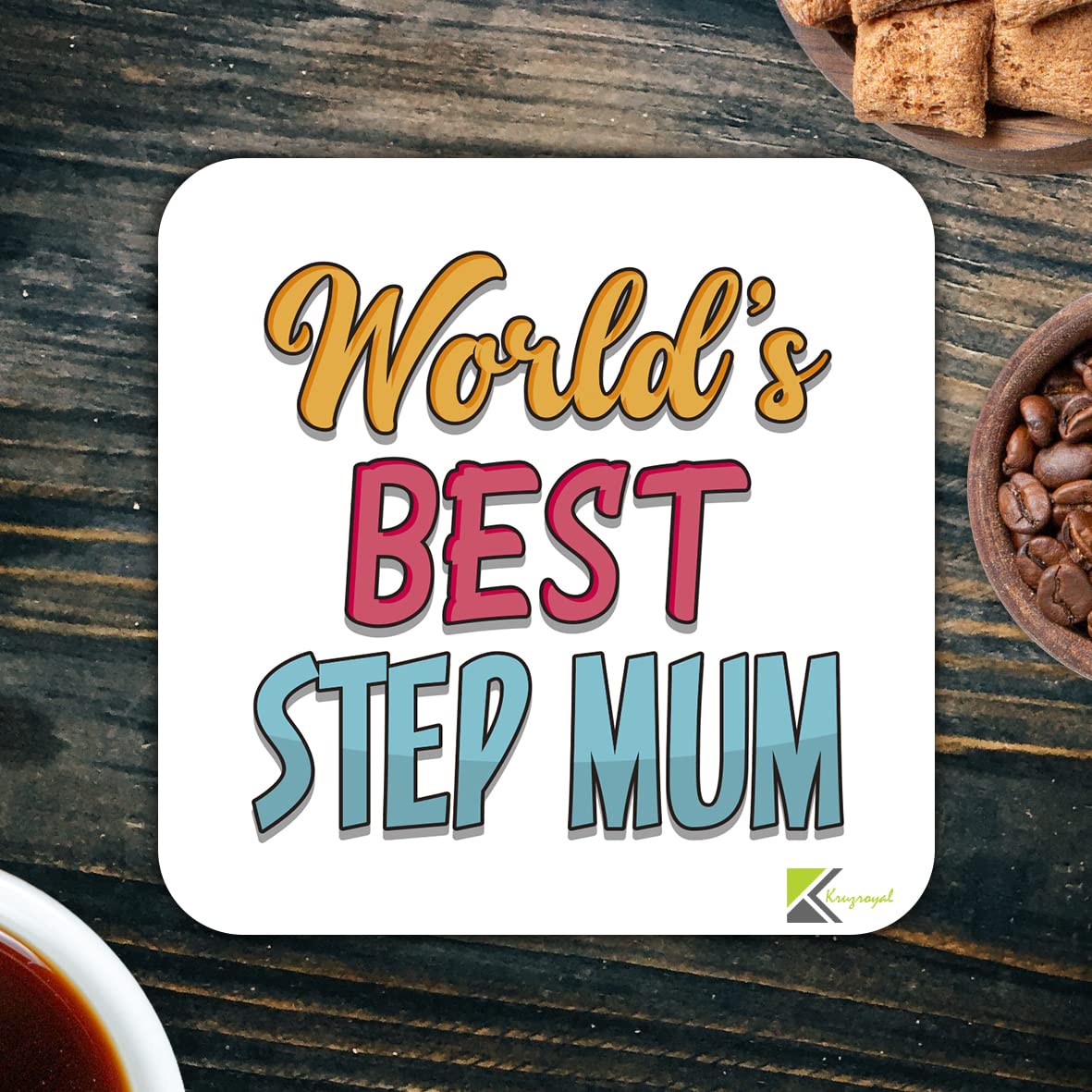 WB019 World's Best Step Mum MDF Wooden Coaster by Kruzroyal | Gift for Step Mum | Unique Novelty Present | 9cm x 9cm | Coffee Tea MDF Wooden Coaster