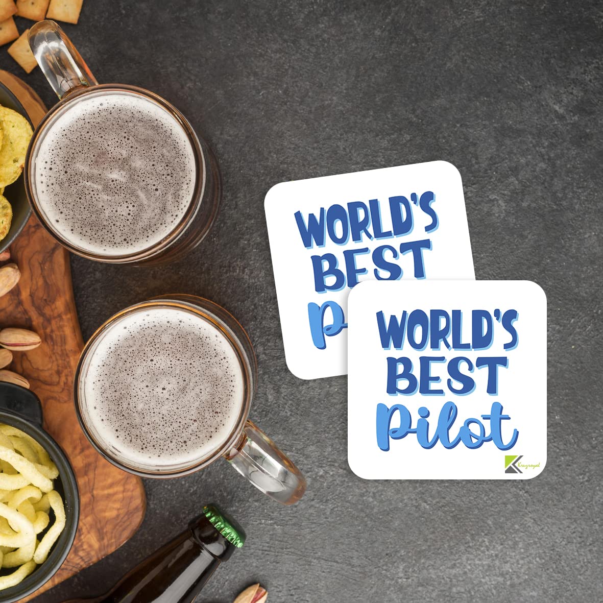 WB085 World's Best Pilot MDF Wooden Coaster by Kruzroyal | Gift for Pilot | Unique Novelty Present | 9cm x 9cm | Coffee Tea MDF Wooden Coaster