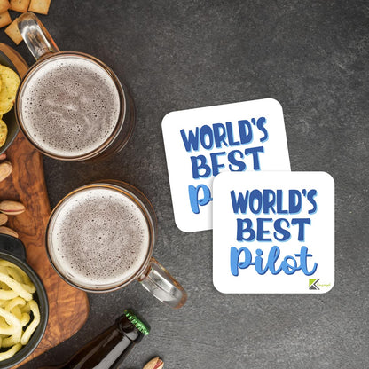 WB085 World's Best Pilot MDF Wooden Coaster by Kruzroyal | Gift for Pilot | Unique Novelty Present | 9cm x 9cm | Coffee Tea MDF Wooden Coaster