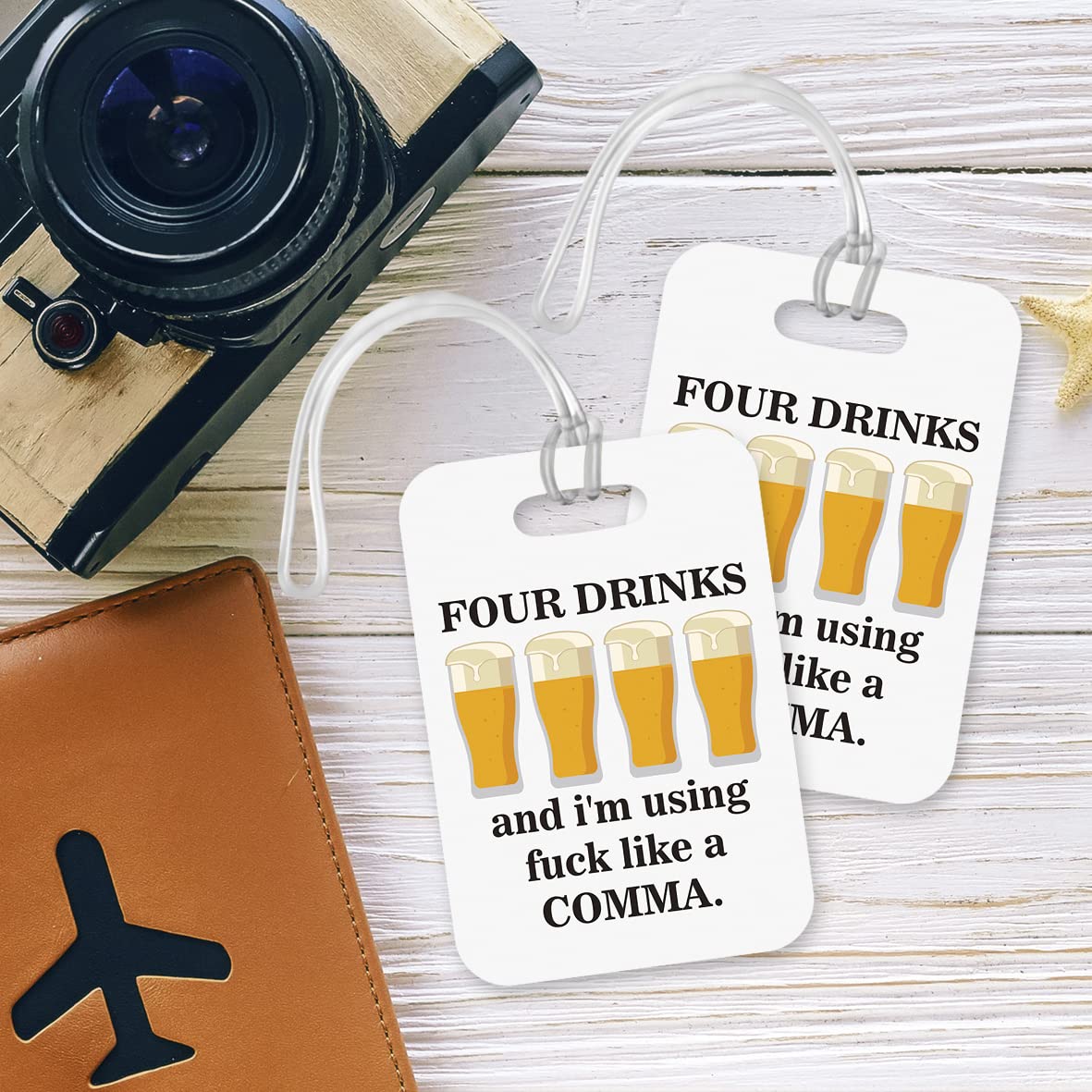 LT051 Four Drinks and I'm Using fu*k Like a Comma Novelty Funny Unique Designer Gift Glossy Plastic Suitcase Luggage Tag