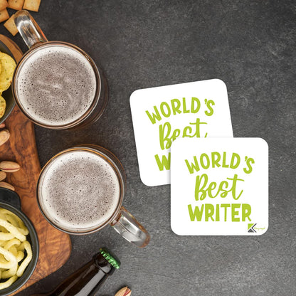 WB021 World's Best Writer MDF Wooden Coaster by Kruzroyal | Gift for Writer | Unique Novelty Present | 9cm x 9cm | Coffee Tea MDF Wooden Coaster