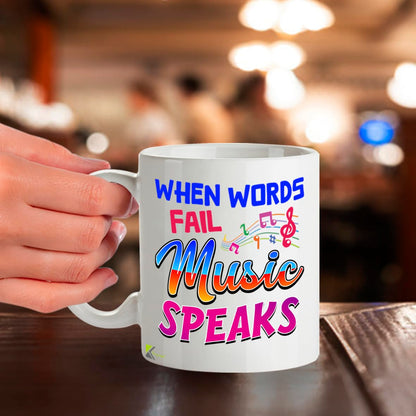 Kruzroyal Music Mug Gift 11oz/325ml - When Words Fail Music Speaks Mug - 11oz Ceramic Coffee Cup for Musicians, Lovers, Teachers - Inspirational Gift