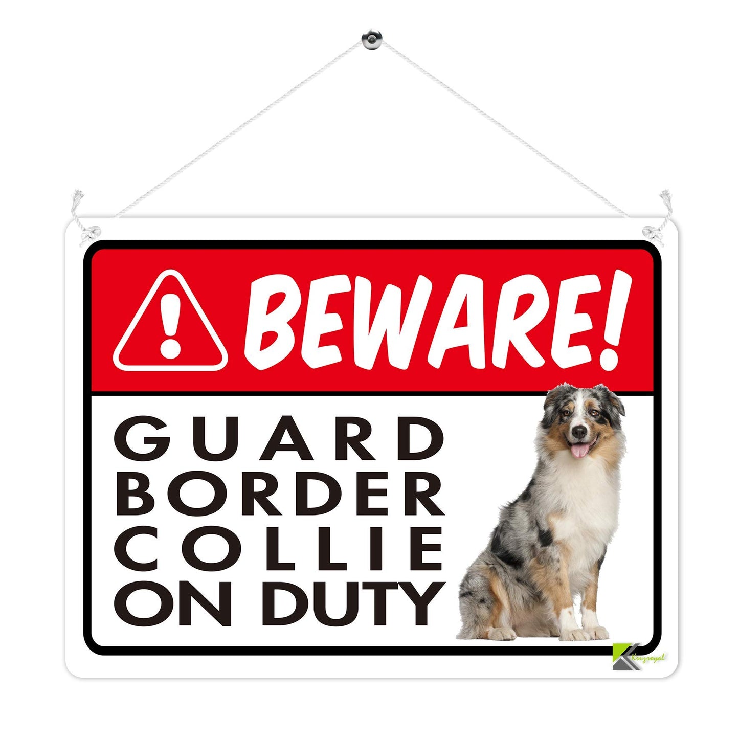 Kruzroyal MP341 BEWARE!, Guard border collie on duty. Funny Novelty Retro Vintage Metal Wall Sign Plaque 20cm x 15cm