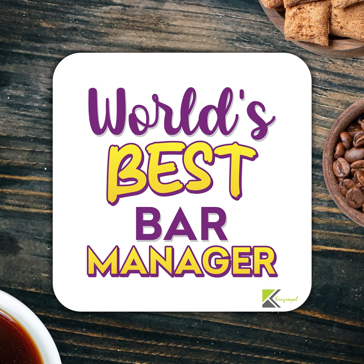 WB095 World's Best Bar Manager MDF Wooden Coaster by Kruzroyal | Gift for Bar Manager| Unique Novelty Present | 9cm x 9cm | Coffee Tea MDF Wooden Coaster