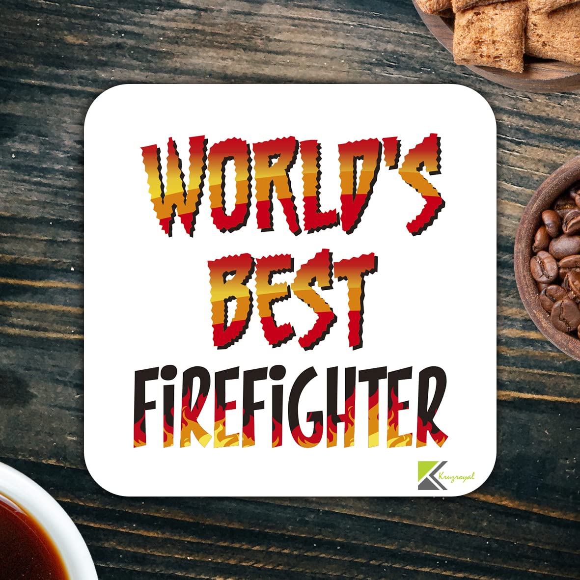 WB055 World's Best Firefighter MDF Wooden Coaster by Kruzroyal | Gift for Firefighter | Unique Novelty Present | 9cm x 9cm | Coffee Tea MDF Wooden Coaster