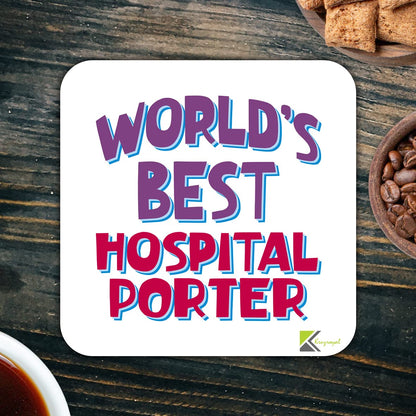 WB030 World's Best Hospital Porter MDF Wooden Coaster by Kruzroyal | Gift for Hospital Porter | Unique Novelty Present | 9cm x 9cm | Coffee Tea MDF Wooden Coaster