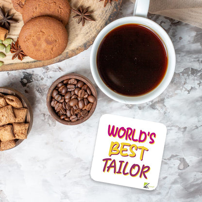 WB072 World's Best Tailor MDF Wooden Coaster by Kruzroyal | Gift for Tailor | Unique Novelty Present | 9cm x 9cm | Coffee Tea MDF Wooden Coaster