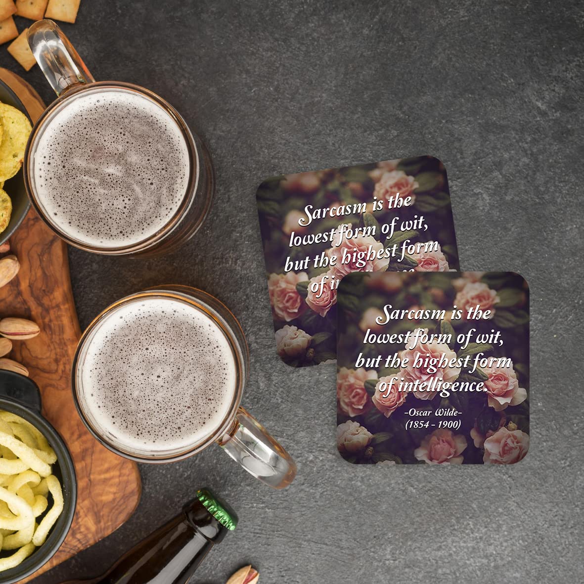 CS771 Sarcasm is The Lowest Form of wit, but The Highest Form of Intelligence. - Oscar Wilde (1854-1900) Novelty Funny Coffee Tea Drink Gift Glossy MDF Wooden Coaster
