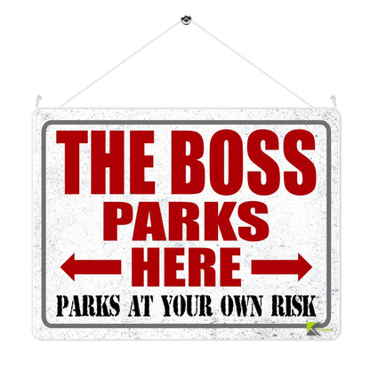 Kruzroyal MP368 THE BOSS PARKS HERE, Park at your own risk. Funny Novelty Retro Vintage Metal Wall Sign Plaque 20cm x 15cm