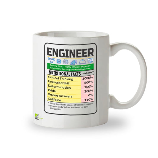 Kruzroyal Funny Engineer Mug Nutritional Facts - 11oz Ceramic Coffee Tea Cup Gift for Engineers Students Coworkers - Dishwasher Microwave Safe STEM Novelty Present