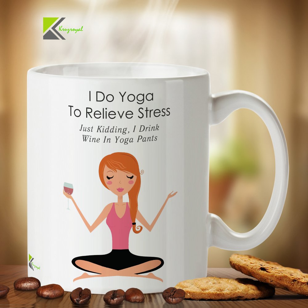 Kruzroyal Funny Yoga Mug, I Do Yoga to Relieve Stress Wine Design, Novelty Gift for Wine Lover, Mum, Best Friend or Wife, White Ceramic Coffee Cup, 11 oz