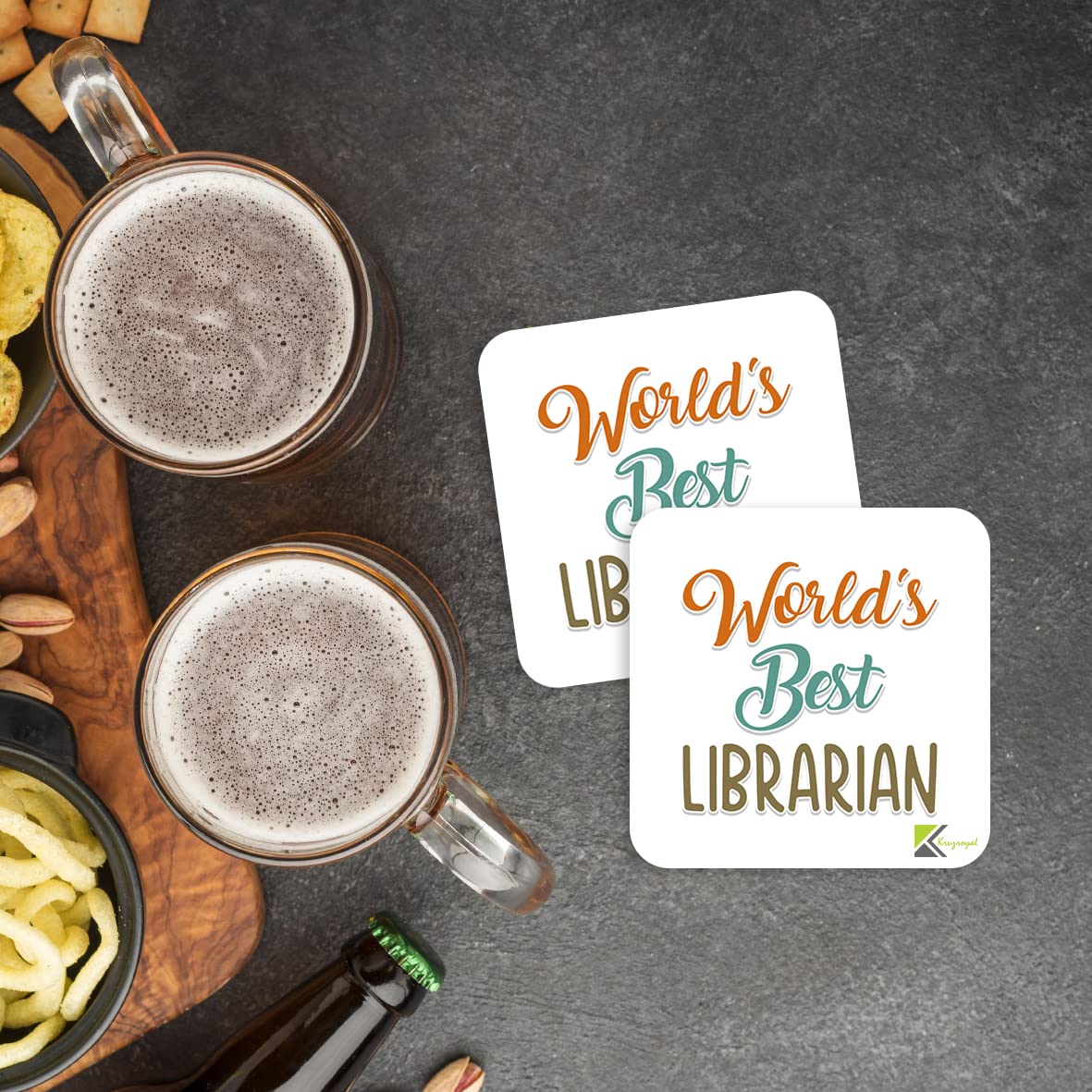 WB054 World's Best Librarian MDF Wooden Coaster by Kruzroyal | Gift for Librarian | Unique Novelty Present | 9cm x 9cm | Coffee Tea MDF Wooden Coaster