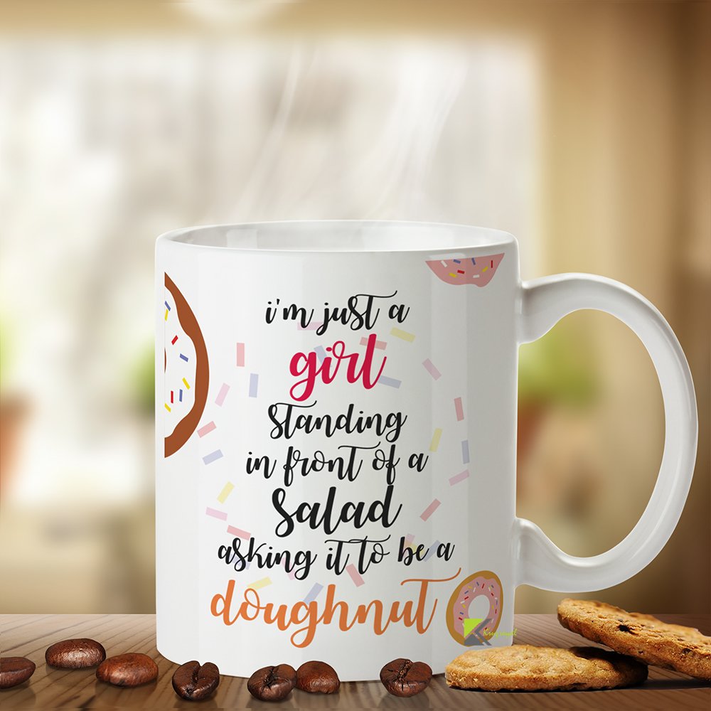 Kruzroyal Funny Diet Mug, I'm Just a Girl Standing in Front of a Salad Asking It to Be a Doughnut Design, Novelty Gift for Foodies & Women, White Ceramic, 11 oz