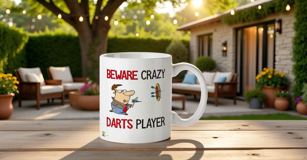 Kruzroyal "Beware Crazy Darts Player Funny Mug - 11oz Ceramic Coffee Cup, Novelty Gift for Men, Dad, Husband, League and Game Room