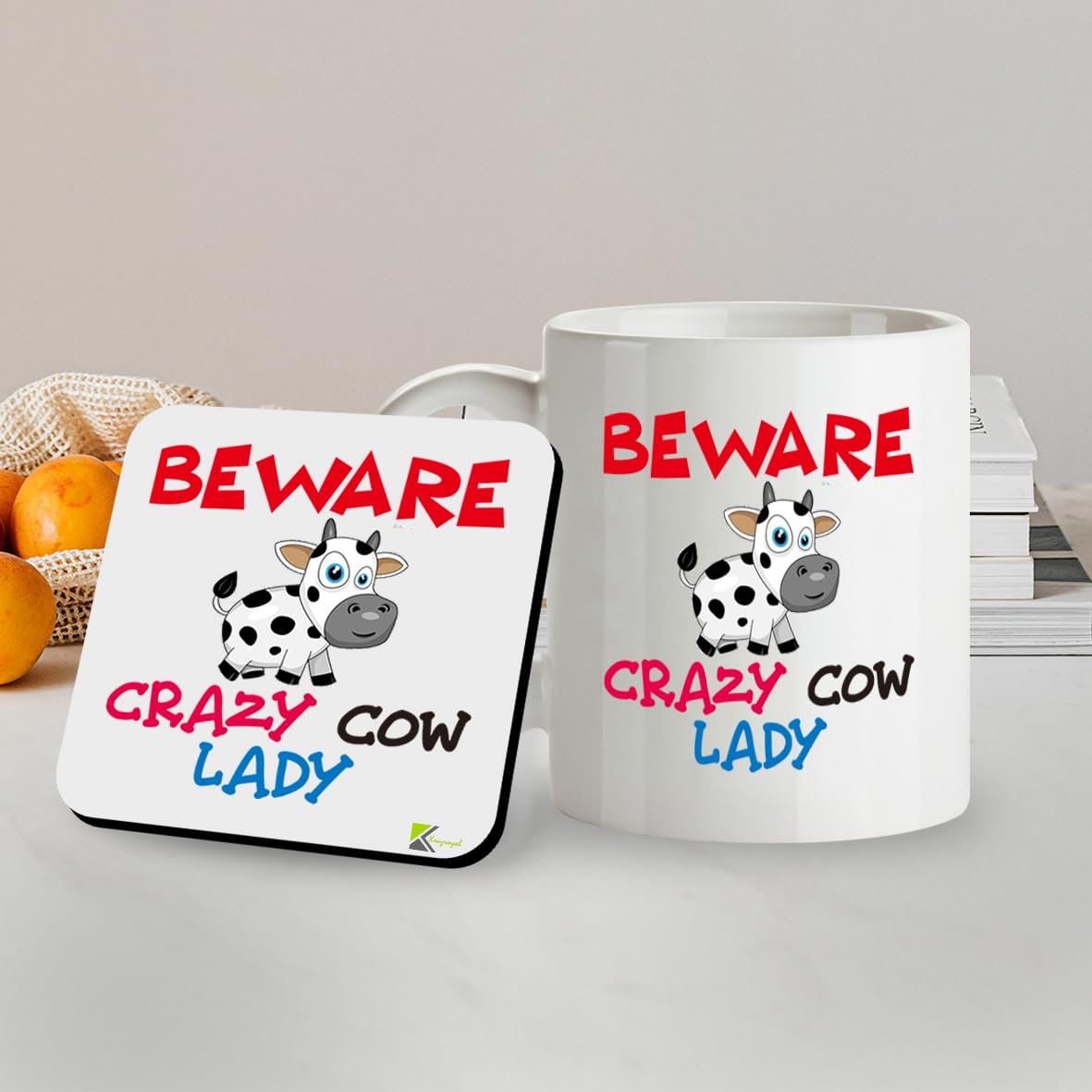 Kruzroyal SM023 Beware Crazy Cow Lady - 11OZ Mug & Matching Coaster Set