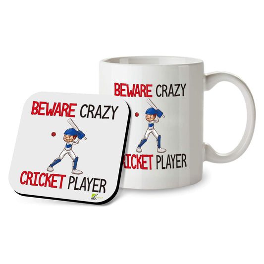 Kruzroyal SM086 Beware Crazy Cricket Player - 11OZ Mug & Matching Coaster Set for Cricket Fan