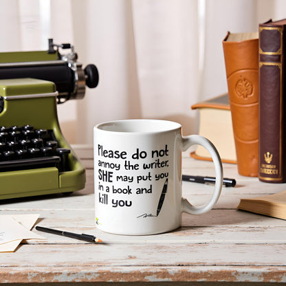 Kruzroyal Do Not Annoy Writer Mug | Funny Book Author Gift Ceramic Coffee Tea Cup for Novelist, Editor, Friend | She May Put You in a Book