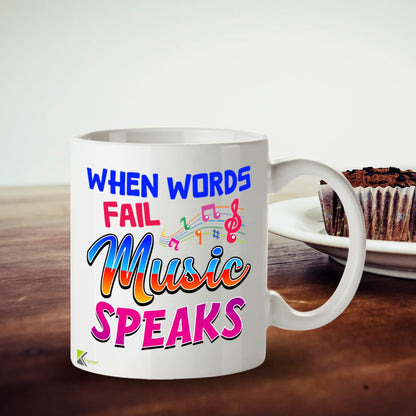 Kruzroyal Music Mug Gift 11oz/325ml - When Words Fail Music Speaks Mug - 11oz Ceramic Coffee Cup for Musicians, Lovers, Teachers - Inspirational Gift