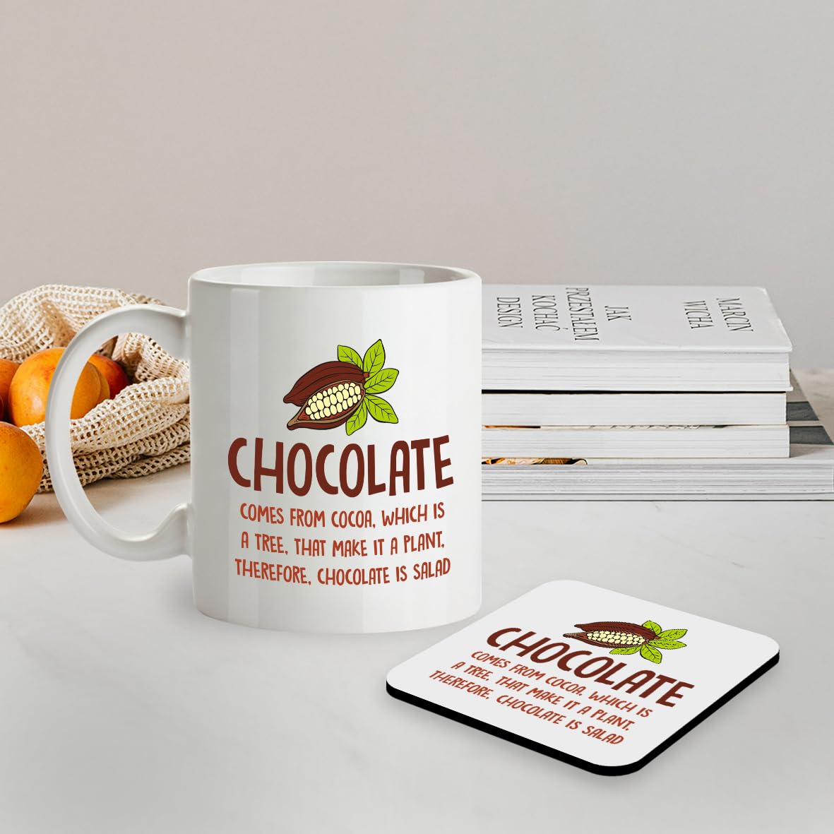 Kruzroyal SM013 Chocolate Comes from Cocoa, which is a Tree, That Make it a Plant, Therefore, Chocolate is Salad - 11OZ Mug & Matching Coaster Set
